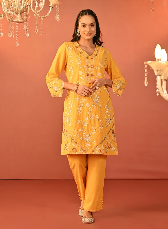 Areeba Chrome Yellow Embroidered Cotton Linen Designer Kurta Set for Women