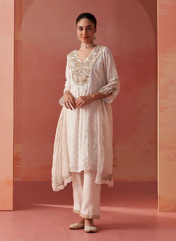 Imara Ivory Embroidered Georgette Kurta Set for Women