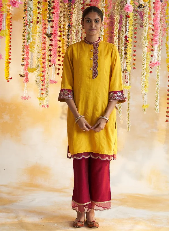 Sunset Yellow Solid Kurta Set With Embroidery