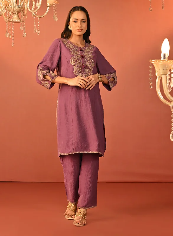 Uroosa Chrome Dull Purple Embroidered Cotton Kurta Set for Women