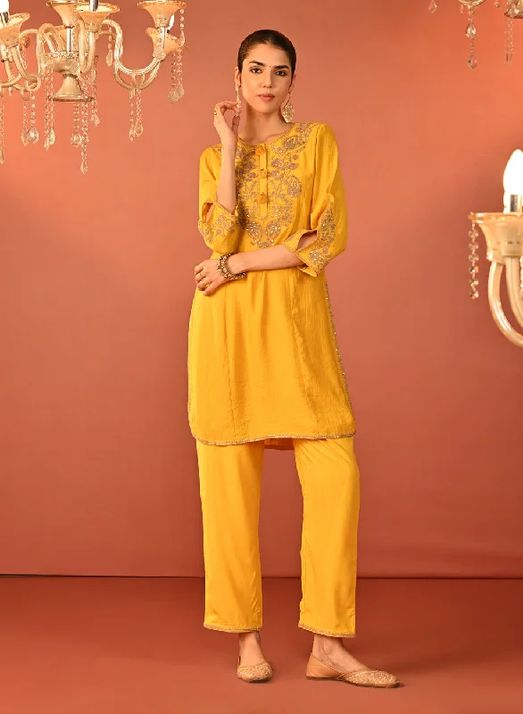 Uroosa Chrome Yellow Embroidered Cotton Kurta Set for Women