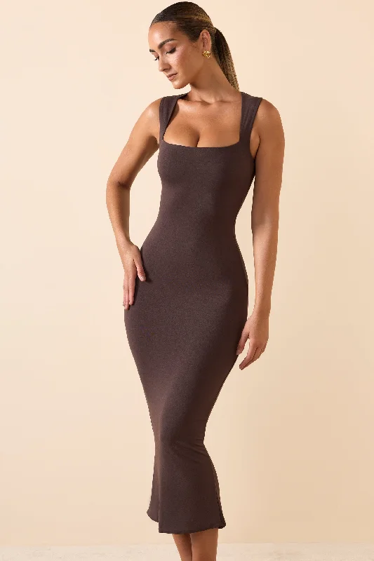 Modal Square-Neck Midi Dress in Chocolate Brown