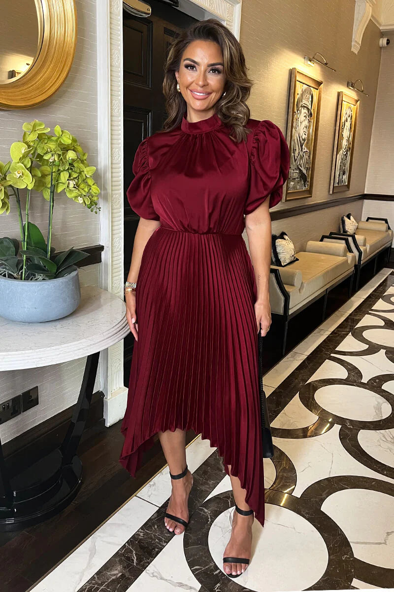 Cressida Burgundy High Neck Puff Sleeve Pleated Midi Dress