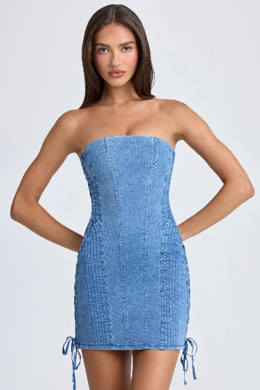 Bandeau Lace-Up Mini Dress in Mid Blue Stonewash