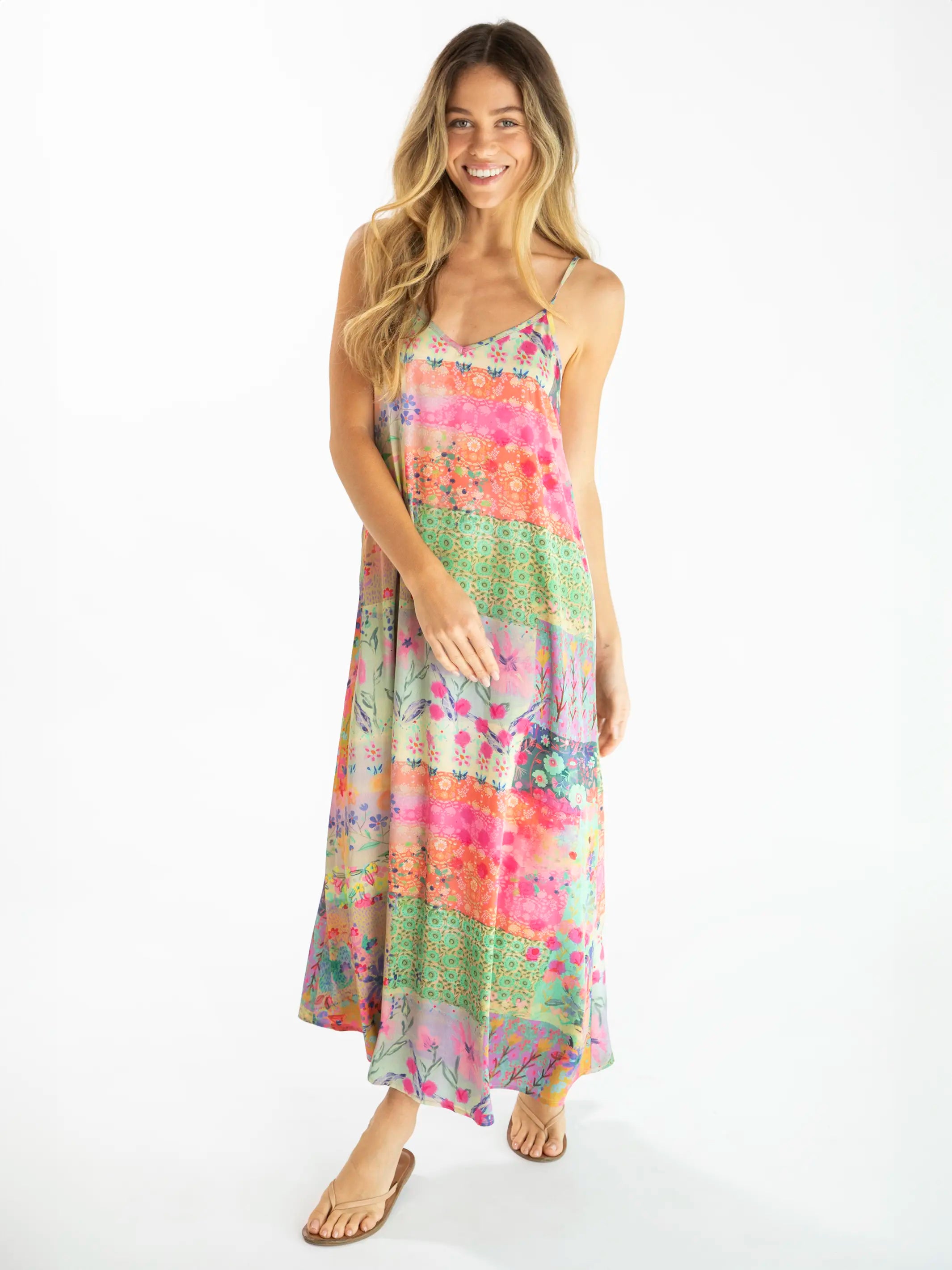 Gracie Slip Maxi Dress - Pink Watercolor Patchwork