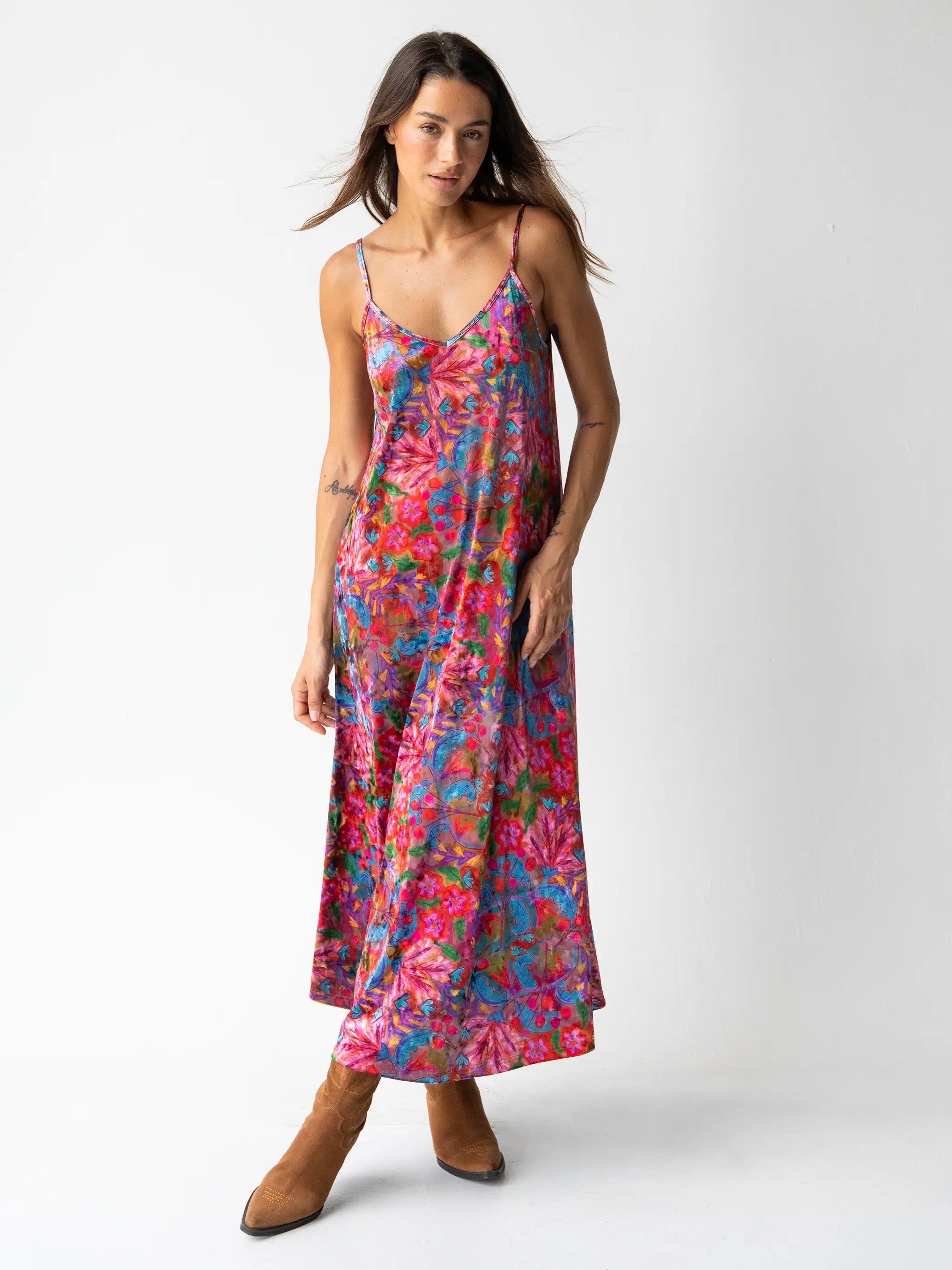 Gracie Velvet Slip Maxi Dress - Pink Red Folk Floral