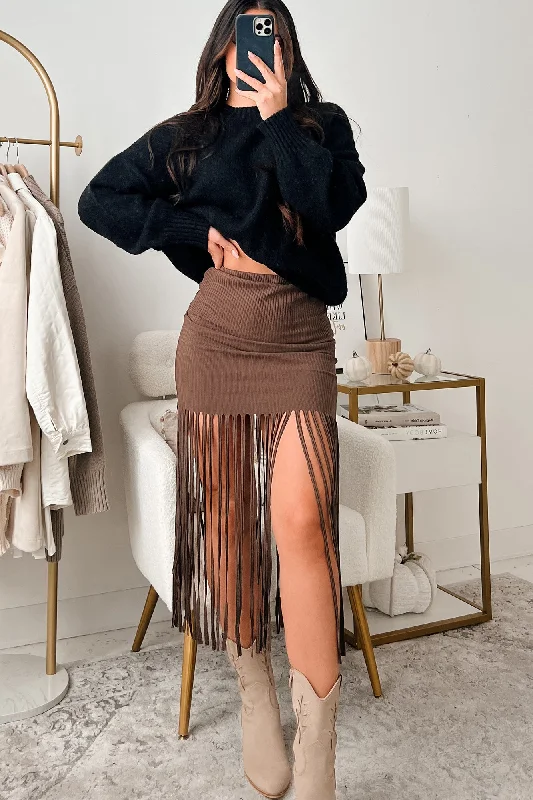 Wild Spirit Fringe Rib Knit Skirt (Brown)