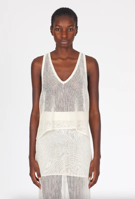 Shiny Viscose Mesh V Neck Tank - White