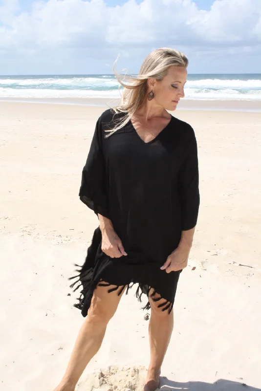 Short Kaftan With Tassels In Black