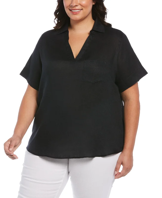 Plus Size Split Neck Linen Top