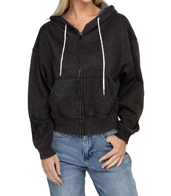 Acid Wash Fleece Cropped Zip-Up Hoodie In Ash Black