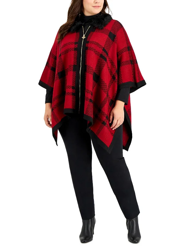 Plus Womens Trimmed Zip Fall Poncho Sweater