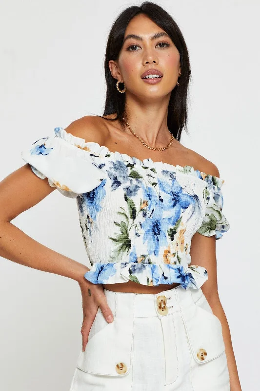 Print Crop Top Off Shoulder