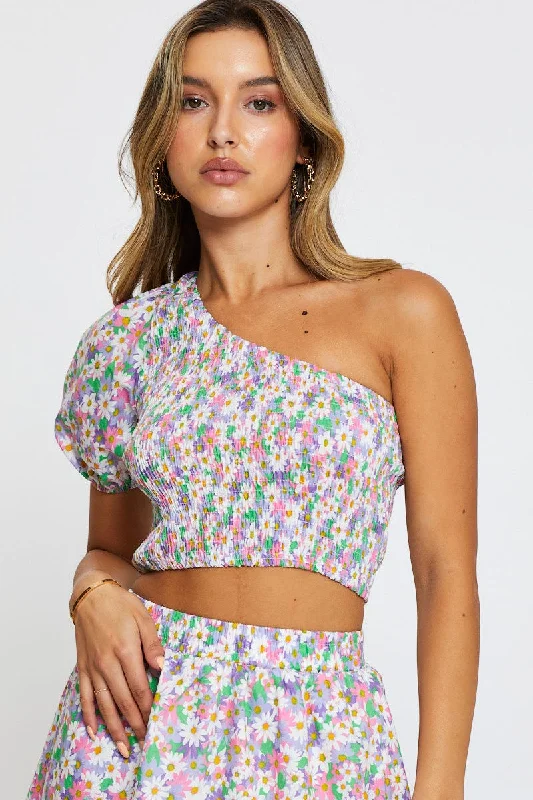 Print Crop Top One Shoulder