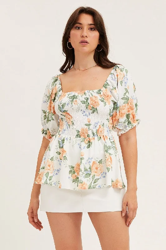 Print Puff Sleeve Shirred Top