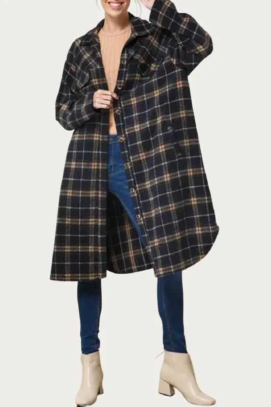 Long Checked Brushed Flannel Jacket In Black/taupe