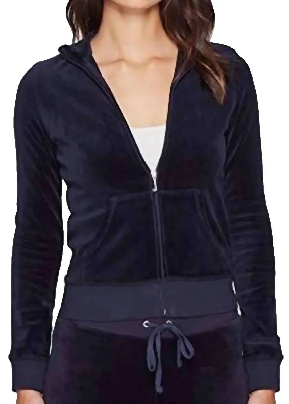 Velour Full Zip Sweatshirt Jacket In Navy Blue