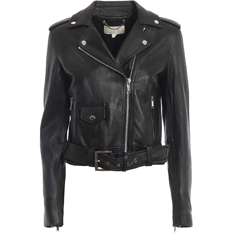 Women's Leather Moto Jacket In Black