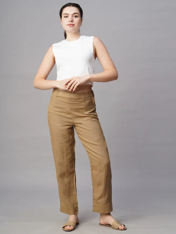 Women's Khaki Linen Regular Fit Pant