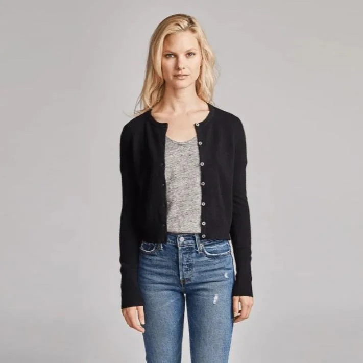 Essential Cashmere Crewneck Cardigan (Black)