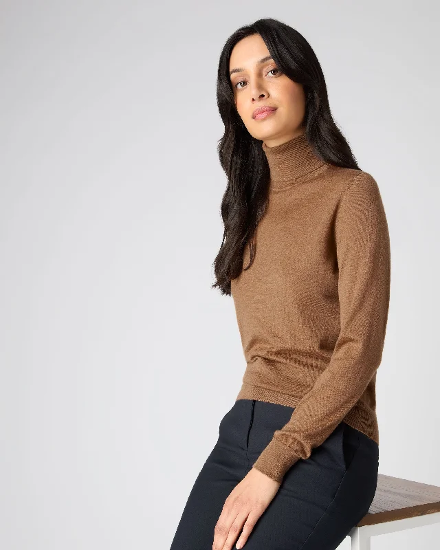 Women's Margot Superfine Cashmere Roll Neck Jumper Dark Camel Brown